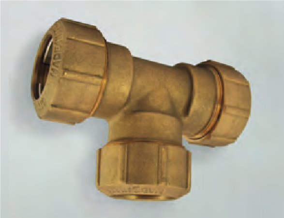 Messing PE-Kupplung T-Stück, mit drei Verschraubungen - PE Kupplung aus Messing